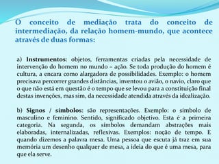 O conceito de mediação trata do conceito de 
intermediação, da relação homem-mundo, que acontece 
através de duas formas: 
a) Instrumentos: objetos, ferramentas criadas pela necessidade de 
intervenção do homem no mundo – ação. Se toda produção do homem é 
cultura, a encara como alargadora de possibilidades. Exemplo: o homem 
precisava percorrer grandes distâncias, inventou o avião, o navio, claro que 
o que não está em questão é o tempo que se levou para a constituição final 
destas invenções, mas sim, da necessidade atendida através da idealização. 
b) Signos / símbolos: são representações. Exemplo: o símbolo de 
masculino e feminino. Sentido, significado objetivo. Esta é a primeira 
categoria. Na segunda, os símbolos demandam abstrações mais 
elaboradas, internalizadas, reflexivas. Exemplos: noção de tempo. E 
quando dizemos a palavra mesa. Uma pessoa que escuta já traz em sua 
memória um desenho qualquer de mesa, a ideia do que é uma mesa, para 
que ela serve. 
 