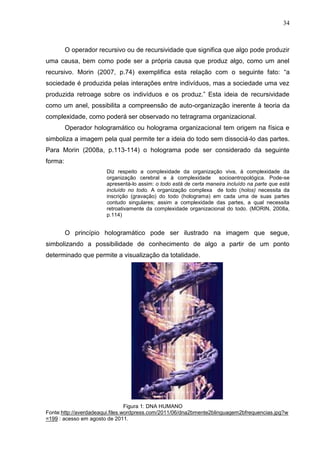 34

O operador recursivo ou de recursividade que significa que algo pode produzir
uma causa, bem como pode ser a própria causa que produz algo, como um anel
recursivo. Morin (2007, p.74) exemplifica esta relação com o seguinte fato: ―a
sociedade é produzida pelas interações entre indivíduos, mas a sociedade uma vez
produzida retroage sobre os indivíduos e os produz.‖ Esta ideia de recursividade
como um anel, possibilita a compreensão de auto-organização inerente à teoria da
complexidade, como poderá ser observado no tetragrama organizacional.
Operador hologramático ou holograma organizacional tem origem na física e
simboliza a imagem pela qual permite ter a ideia do todo sem dissociá-lo das partes.
Para Morin (2008a, p.113-114) o holograma pode ser considerado da seguinte
forma:
Diz respeito a complexidade da organização viva, à complexidade da
organização cerebral e à complexidade
socioantropológica. Pode-se
apresentá-lo assim: o todo está de certa maneira incluído na parte que está
incluído no todo. A organização complexa de todo (holos) necessita da
inscrição (gravação) do todo (holograma) em cada uma de suas partes
contudo singulares; assim a complexidade das partes, a qual necessita
retroativamente da complexidade organizacional do todo. (MORIN, 2008a,
p.114)

O princípio hologramático pode ser ilustrado na imagem que segue,
simbolizando a possibilidade de conhecimento de algo a partir de um ponto
determinado que permite a visualização da totalidade.

Figura 1: DNA HUMANO
Fonte:http://averdadeaqui.files.wordpress.com/2011/06/dna2bmente2blinguagem2bfrequencias.jpg?w
=199 : acesso em agosto de 2011.

 