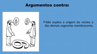 Argumentos contra:
Não explica a origem do núcleo e
das demais organelas membranares.
 