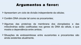  Apresentam um ciclo de divisão independente da células;
 Contêm DNA circular tal como os procariontes;
 Algumas das proteínas da membrana dos cloroplastos e das
mitocôndrias estão codificadas nos genes do DNA da célula, o que
mostra a dependência entre ambos;
 Situações de endossimbiose entre eucariontes e procariontes são
ainda existentes atualmente.
Argumentos a favor:
 