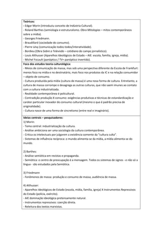 Teóricos:
- Edgar Morin (introduziu conceito de Indústria Cultural).
- Roland Barthes (semiologia e estruturalismo. Obra Mitologias – mitos contemporâneos
sobre a mídia).
- Georges Friedmann.
- Braudillard (sociedade do consumo).
- Pierre Lévy (comunicação todos-todos/interatividade).
- Bordieu (Obra Sobre a Televisão – cotidiano do campo jornalístico).
- Louis Althusser (Aparelhos Ideológicos de Estado – AIE: escola, família, igreja, mídia).
- Michel Focault (panóptico / TV= panóptico invertido).
Foco dos estudos teoria culturológica:
- Meios de comunicação de massa, mas sob uma perspectiva diferente da Escola de Frankfurt:
menos foco na mídia e no destinatário, mais foco nos produtos da IC e na relação consumidor
– objeto de consumo.
- Cultura produzida pela mídia (cultura de massa) é uma nova forma de cultura. Entretanto, a
cultura de massa corrompe e desagrega as outras culturas, que não saem imunes ao contato
com a cultura industrializada.
- Realidade contemporânea é policultural.
- Contradição produção X consumo: exigências produtivas e técnicas de estandardização e
caráter particular inovador do consumo cultural (mesmo o que é padrão precisa de
originalidade).
- Cultura nasce de uma forma de sincretismo (entre real e imaginário).

Ideias centrais – pesquisadores:
1) Morin:
- Tema central: industrialização da cultura.
- Análise ambiciona ser uma sociologia da cultura contemporânea.
- Critica os intelectuais por julgarem a existência somente da “cultura culta”.
- Sistemas de influência recíproca: o mundo alimenta-se da mídia, a mídia alimenta-se do
mundo.

2) Barthes:
- Análise semiótica em revistas e propaganda.
- Semiótica: o centro de preocupação é a mensagem. Todos os sistemas de signos - e não só a
língua - são estudados pela Semiótica.

3) Friedmann
- Fenômenos de massa: produção e consumo de massa, audiência de massa.

4) Althusser:
- Aparelhos Ideológicos de Estado (escola, mídia, família, igreja) X Instrumentos Repressivos
do Estado (polícia, exército).
- AIE dominação ideológica pretensamente natural.
- Instrumentos repressivos: coerção direta.
- Releitura dos textos marxistas.
 