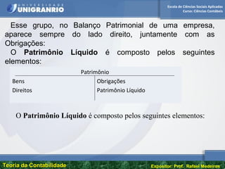 Escola de Ciências Sociais Aplicadas
Curso: Ciências Contábeis
Teoria da ContabilidadeTeoria da Contabilidade Expositor: Prof. Rafael Medeiros
Patrimônio
Bens Obrigações
Direitos Patrimônio Líquido
Esse grupo, no Balanço Patrimonial de uma empresa,
aparece sempre do lado direito, juntamente com as
Obrigações:
O Patrimônio Líquido é composto pelos seguintes
elementos:
O Patrimônio Líquido é composto pelos seguintes elementos:
 