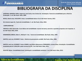Escola de Ciências Sociais Aplicadas
Curso: Ciências Contábeis
Teoria da ContabilidadeTeoria da Contabilidade Expositor: Prof. Rafael Medeiros
BIBLIOGRAFIA DA DISCIPLINA
IUDÍCIBUS; MARION; FARIA, Sergio de; José Carlos; Ana Cristina De. Introdução a Teoria da contabilidade para o Nível de
Graduação. 5. ed. São Paulo: Atlas, 2009.
NEVES, Silvério das; VICECONTI, Paulo. Contabilidade básica 15 ed. São Paulo: Saraiva, 2012.
SÁ, Antonio Lopes De. Teoria da Contabilidade. 5. ed. São Paulo: Atlas, 2010.
COMPLEMENTAR
CREPALDI, Silvio Aparecido. Curso Básico de Contabilidade: resumo da teoria, exercício e questões propostas com respostas. 6.
ed. São Paulo: Atlas, 2010.
HENDRIKSEN; BREDA, Eldon S.; Michael F. Van.. Teoria da Contabilidade. São Paulo: Atlas, 1999.
SANTOS, José Luiz; SCHIMIDT, Paulo . História do pensamento contábil. São Paulo: Atlas, 2006.
SANTOS, José Luiz; SCHIMIDT, Paulo; GOMES, José Mário Matsumura; FERNANDES, Luciane Alves. Introdução a Contabilidade:
atualizada pela lei 11941/09 e pelas normas do CPC. 2 ed. São Paulo: Atlas, 2011.
SZUSTER, Natan. Contabilidade Geral: introdução à contabilidade societária. 4. ed. São Paulo: Atlas, 2013.
 
