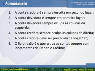 Escola de Ciências Sociais Aplicadas
Curso: Ciências Contábeis
Teoria da ContabilidadeTeoria da Contabilidade Expositor: Prof. Rafael Medeiros
1. A conta credora é sempre inscrita em segundo lugar;
2. A conta devedora é sempre em primeiro lugar;
3. A conta devedora sempre oculpa as colunas da
esquerda;
4. A conta credora sempre oculpa as colunas da direita;
5. A conta credora deve ser precedida da vogal “a”;
6. O livro razão é o que grupa as contas sempre com
lançamentos de Débito e Crédito;
 