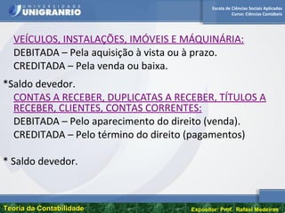 Escola de Ciências Sociais Aplicadas
Curso: Ciências Contábeis
Teoria da ContabilidadeTeoria da Contabilidade Expositor: Prof. Rafael Medeiros
VEÍCULOS, INSTALAÇÕES, IMÓVEIS E MÁQUINÁRIA:
DEBITADA – Pela aquisição à vista ou à prazo.
CREDITADA – Pela venda ou baixa.
*Saldo devedor.
CONTAS A RECEBER, DUPLICATAS A RECEBER, TÍTULOS A
RECEBER, CLIENTES, CONTAS CORRENTES:
DEBITADA – Pelo aparecimento do direito (venda).
CREDITADA – Pelo término do direito (pagamentos)
* Saldo devedor.
 