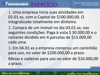 Escola de Ciências Sociais Aplicadas
Curso: Ciências Contábeis
Teoria da ContabilidadeTeoria da Contabilidade Expositor: Prof. Rafael Medeiros
EXERCÍCIO:
1. Uma empresa inicia suas atividades em
02.01.xx, com o Capital de $100.000,00. O
integralizado totalmente em dinheiro.
2. Compra de um imóvel no dia 03.01.xx, nas
seguintes condições: Paga à vista $ 30.000,00 e o
restante dividido em 4 parcelas de $15.000,00
cada uma.
3. Em 04.01.xx a empresa comprou um caminhão
para uso, no valor de $200.000,00 a prazo.
Mesas e cadeiras para uso no valor de $16.000,00
a prazo.
 
