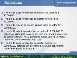 Escola de Ciências Sociais Aplicadas
Curso: Ciências Contábeis
Teoria da ContabilidadeTeoria da Contabilidade Expositor: Prof. Rafael Medeiros
09 – no dia 16 paga fornecedor duplicatas, no valor de $
40.000,00
10 – no dia 17 paga fornecedor duplicatas no valor de $
50.000,00.
11 – no dia 17 recebe de cliente as duplicatas no valor de $
600.000,00.
12 – no dia 18 adquiriu um imóvel, no valor de $ 200.000,00,
pagando à vista 45% e o restante com vencimento a 6 meses
da seguinte forma: nos 2 primeiros meses 20% nos 8 meses
seguintes 25% e no último mês 10%.
13 – no dia 19 paga fornecedor duplicatas no valor de
$20.000,00, obtendo um desconto de 15% no pagamento,
conforme cheque do Banco Y.
 