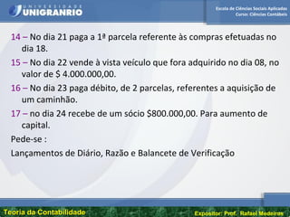 Escola de Ciências Sociais Aplicadas
Curso: Ciências Contábeis
Teoria da ContabilidadeTeoria da Contabilidade Expositor: Prof. Rafael Medeiros
14 – No dia 21 paga a 1ª parcela referente às compras efetuadas no
dia 18.
15 – No dia 22 vende à vista veículo que fora adquirido no dia 08, no
valor de $ 4.000.000,00.
16 – No dia 23 paga débito, de 2 parcelas, referentes a aquisição de
um caminhão.
17 – no dia 24 recebe de um sócio $800.000,00. Para aumento de
capital.
Pede-se :
Lançamentos de Diário, Razão e Balancete de Verificação
 