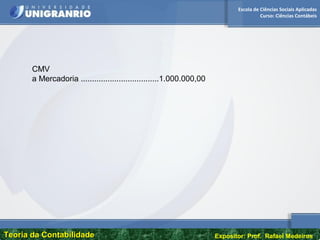 Escola de Ciências Sociais Aplicadas
Curso: Ciências Contábeis
Teoria da ContabilidadeTeoria da Contabilidade Expositor: Prof. Rafael Medeiros
CMV
a Mercadoria ...................................1.000.000,00
 