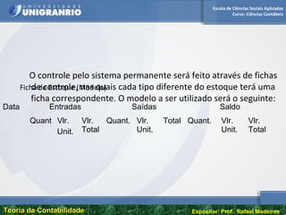 Escola de Ciências Sociais Aplicadas
Curso: Ciências Contábeis
Teoria da ContabilidadeTeoria da Contabilidade Expositor: Prof. Rafael Medeiros
O controle pelo sistema permanente será feito através de fichas
de controle, nas quais cada tipo diferente do estoque terá uma
ficha correspondente. O modelo a ser utilizado será o seguinte:
Ficha de Estoque (Modelo)
Data Entradas Saídas Saldo
Quant Vlr.
Unit.
Vlr.
Total
Quant. Vlr.
Unit.
Total Quant. Vlr.
Unit.
Vlr.
Total
 