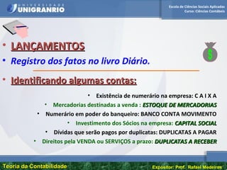 Escola de Ciências Sociais Aplicadas
Curso: Ciências Contábeis
Teoria da ContabilidadeTeoria da Contabilidade Expositor: Prof. Rafael Medeiros
• LANÇAMENTOSLANÇAMENTOS
• Registro dos fatos no livro Diário.
• Identificando algumas contas:Identificando algumas contas:
• Existência de numerário na empresa: C A I X A
• Mercadorias destinadas a venda : ESTOQUE DE MERCADORIASESTOQUE DE MERCADORIAS
• Numerário em poder do banqueiro: BANCO CONTA MOVIMENTO
• Investimento dos Sócios na empresa: CAPITAL SOCIALCAPITAL SOCIAL
• Dívidas que serão pagos por duplicatas: DUPLICATAS A PAGAR
• Direitos pela VENDA ou SERVIÇOS a prazo: DUPLICATAS A RECEBERDUPLICATAS A RECEBER
 