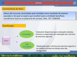 Escola de Ciências Sociais Aplicadas
Curso: Ciências Contábeis
Teoria da ContabilidadeTeoria da Contabilidade Expositor: Prof. Rafael Medeiros
ATIVOATIVO
Características do Ativo:
Ativos são recursos controlados pela entidade como resultado de eventos
passados e do qual se espera que resultem para a entidade benefícios
econômicos futuros ou potencial de serviços. (Res. CFC 1268/09)
Ativos são recursos controlados pela entidade como resultado de eventos
passados e do qual se espera que resultem para a entidade benefícios
econômicos futuros ou potencial de serviços. (Res. CFC 1268/09)
Classificação:
Ativo
Circulante
Não
Circulante
•estiverem disponíveis para realização imediata;
•tiverem a expectativa de realização até o término
do exercício seguinte.
•Realização após o término do exercício seguinte e
os créditos inscritos em dívida ativa não
renegociados
 