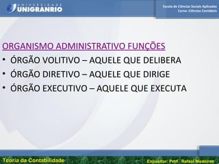 Escola de Ciências Sociais Aplicadas
Curso: Ciências Contábeis
Teoria da ContabilidadeTeoria da Contabilidade Expositor: Prof. Rafael Medeiros
ORGANISMO ADMINISTRATIVO FUNÇÕES
• ÓRGÃO VOLITIVO – AQUELE QUE DELIBERA
• ÓRGÃO DIRETIVO – AQUELE QUE DIRIGE
• ÓRGÃO EXECUTIVO – AQUELE QUE EXECUTA
 