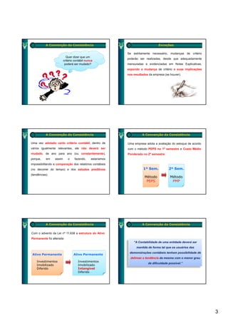 A Convenção da Consistência                                           Exceções

                                                           Se estritamente necessário, mudanças de critério
                           Quer dizer que um
                                                           poderão ser realizadas, desde que adequadamente
                         critério contábil nunca
                          poderá ser mudado?               mensuradas e evidenciadas em Notas Explicativas,
                                                           expondo a mudança de critério e suas implicações
                                                           nos resultados da empresa (se houver).




           A Convenção da Consistência                               A Convenção da Consistência

Uma vez adotado certo critério contábil, dentro de         Uma empresa adota a avaliação do estoque de acordo
vários igualmente relevantes, ele não deverá ser           com o método PEPS no 1º semestre e Custo Médio
mudado, de ano para ano (ou constantemente),               Ponderado no 2º semestre:
porque,    em    assim      o     fazendo,    estaríamos
impossibilitando a comparação dos relatórios contábeis
(no decorrer do tempo) e dos estudos preditivos                       1º Sem.           2º Sem.
(tendências).
                                                                       Método            Método
                                                                        PEPS              PMP




           A Convenção da Consistência                               A Convenção da Consistência


Com o advento da Lei nº 11.638 a estrutura do Ativo
Permanente foi alterada:
                                                               “A Contabilidade de uma entidade deverá ser
                                                                 mantida de forma tal que os usuários das
                                                            demonstrações contábeis tenham possibilidade de
 Ativo Permanente                Ativo Permanente
                                                             delinear a tendência da mesma com o menor grau
    Investimentos                   Investimentos
                                                                         de dificuldade possível.”
    Imobilizado                     Imobilizado
    Diferido                        Intangível
                                    Diferido




                                                                                                                3
 