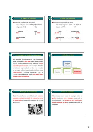 O ICMS e os Estoques                                      O ICMS e os Estoques


  Exemplo de contabilização de Compra:                       Exemplo de contabilização de Venda:
       Valor da Compra (incluso ICMS): R$ 10.000,00              Valor da Venda (incluso ICMS):       R$ 20.000,00
       Alíquota do ICMS:                18%                      Alíquota do ICMS:                    18%


          Estoques                     Caixa                            Caixa                    Receita Vendas
      8.200                                 10.000             20.000                                     20.000


      ICMS a Recuperar                                           ICMS s/ Vendas                  ICMS a Recolher
      1.800                                                     3.600                                       3.600




     O PIS/PASEP, a COFINS e os Estoques                                        Avaliação do Ativo


  As empresas contribuintes do IR e da Contribuição
Social com base no Lucro Real podem excluir do valor
pago ou creditado aos fornecedores, referentes à bens                                Avaliação
                                                                                      do Ativo
adquiridos para revenda ou bens e serviços utilizados
como insumo na prestação de serviços e na produção
ou fabricação de bens ou produtos destinados à venda
                                                                Contas a
                                                                                     Estoques          Imobilizado
(matéria-prima), o montante equivalente a 1,65% e               Receber
7,6% do custo de aquisição, o qual não deverá fazer
parte do custo dos estoques




                Avaliação do Imobilizado                                        Custo de Aquisição


“Os direitos classificados no imobilizado, pelo custo de     Considera-se como custo de aquisição todos os
aquisição, deduzido do saldo da respectiva conta           gastos relacionados com a aquisição do elemento do
de depreciação, amortização ou exaustão” (art. 183 da      Ativo Imobilizado e os necessários para colocá-lo em
lei 6 404/76)
    6.404/76)                                              local e condições de uso no processo operacional da
                                                           companhia




                                                                                                                     9
 