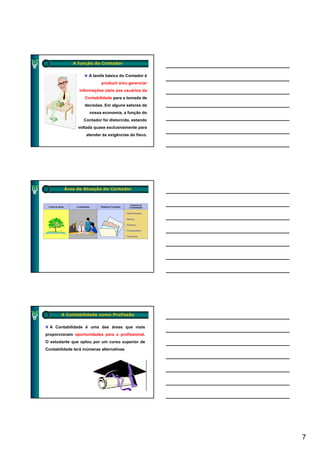 A função do Contador


                     A tarefa básica do Contador é
                            produzir e/ou gerenciar
                 informações úteis aos usuários da
                   Contabilidade para a tomada de
                   decisões. Em alguns setores da
                      nossa economia, a função do
                   Contador foi distorcida, estando
                voltada quase exclusivamente para
                    atender às exigências do fisco.




         Área de Atuação do Contador




        A Contabilidade como Profissão


  A Contabilidade é uma das áreas que mais
proporcionam oportunidades para o profissional.
O estudante que optou por um curso superior de
Contabilidade terá inúmeras alternativas




                                                      7
 