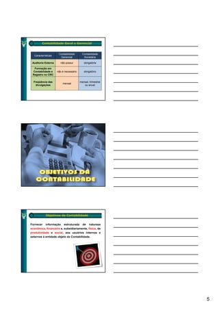 Contabilidade Geral x Gerencial


                      Contabilidade       Contabilidade
   Características
                       Gerencial           Societária

 Auditoria Externa     não possui          obrigatória

  Formação em
 Contabilidade e     não é necessário      obrigatório
 Registro no CRC

  Freqüência das                        mensal, trimestral
                         mensal
   divulgações                             ou anual




            Objetivos da Contabilidade


Fornecer informação estruturada de natureza
econômica, financeira e, subsidiariamente, física, de
produtividade e social, aos usuários internos e
externos à entidade objeto da Contabilidade.




                                                             5
 