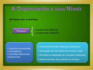 De Frente com a Incerteza



         Thompson
                           Componente Objetivo
                           Componente Subjetivo




                              • Amortecimento das influências ambientais
• Incerteza Generalizada
• Contingência                • Suavização das transações de entrada e saída
• Interdependência dos        • Previsão ou Adaptação das variações ambientais
componentes
                              • Relacionamento dos produtos ou serviços
 