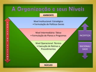 AMBIENTE

L
       Nível Institucional: Estratégico
Ó     • Formulação de Políticas Gerais
G
I
C
A
         Nível Intermediário: Tático
    • Formulação de Planos e Programas    INCERTEZA
D
E
         Nível Operacional: Técnico
S
I
          • Execução de Rotinas e         RACIONALI
S              Procedimentos                DADE
T
E
M
A



                  NÚCLEO
 