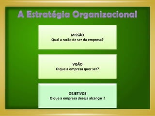 MISSÃO
Qual a razão de ser da empresa?




            VISÃO
   O que a empresa quer ser?




          OBJETIVOS
O que a empresa deseja alcançar ?
 