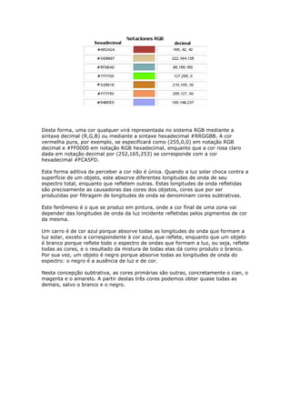 Desta forma, uma cor qualquer virá representada no sistema RGB mediante a 
sintaxe decimal (R,G,B) ou mediante a sintaxe hexadecimal #RRGGBB. A cor 
vermelha pura, por exemplo, se especificará como (255,0,0) em notação RGB 
decimal e #FF0000 em notação RGB hexadecimal, enquanto que a cor rosa claro 
dada em notação decimal por (252,165,253) se corresponde com a cor 
hexadecimal #FCA5FD. 
Esta forma aditiva de perceber a cor não é única. Quando a luz solar choca contra a 
superfície de um objeto, este absorve diferentes longitudes de onda de seu 
espectro total, enquanto que refletem outras. Estas longitudes de onda refletidas 
são precisamente as causadoras das cores dos objetos, cores que por ser 
produzidas por filtragem de longitudes de onda se denominam cores subtrativas. 
Este fenômeno é o que se produz em pintura, onde a cor final de uma zona vai 
depender das longitudes de onda da luz incidente refletidas pelos pigmentos de cor 
da mesma. 
Um carro é de cor azul porque absorve todas as longitudes de onda que formam a 
luz solar, exceto a correspondente à cor azul, que reflete, enquanto que um objeto 
é branco porque reflete todo o espectro de ondas que formam a luz, ou seja, reflete 
todas as cores, e o resultado da mistura de todas elas dá como produto o branco. 
Por sua vez, um objeto é negro porque absorve todas as longitudes de onda do 
espectro: o negro é a ausência de luz e de cor. 
Nesta concepção subtrativa, as cores primárias são outras, concretamente o cian, o 
magenta e o amarelo. A partir destas três cores podemos obter quase todas as 
demais, salvo o branco e o negro. 
 