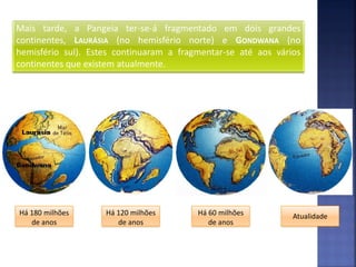 Mais tarde, a Pangeia ter-se-á fragmentado em dois grandes
continentes, LAURÁSIA (no hemisfério norte) e GONDWANA (no
hemisfério sul). Estes continuaram a fragmentar-se até aos vários
continentes que existem atualmente.




Há 180 milhões      Há 120 milhões       Há 60 milhões         Atualidade
   de anos             de anos              de anos
 