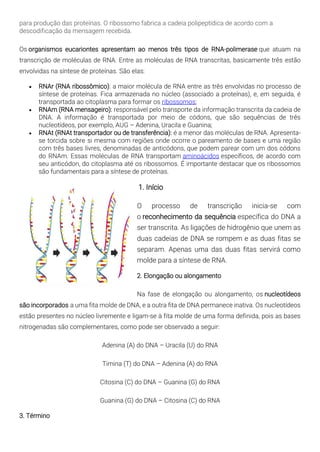 para produção das proteínas. O ribossomo fabrica a cadeia polipeptídica de acordo com a
descodificação da mensagem recebida.
Os organismos eucariontes apresentam ao menos três tipos de RNA-polimerase que atuam na
transcrição de moléculas de RNA. Entre as moléculas de RNA transcritas, basicamente três estão
envolvidas na síntese de proteínas. São elas:
• RNAr (RNA ribossômico): a maior molécula de RNA entre as três envolvidas no processo de
síntese de proteínas. Fica armazenada no núcleo (associado a proteínas), e, em seguida, é
transportada ao citoplasma para formar os ribossomos;
• RNAm (RNA mensageiro): responsável pelo transporte da informação transcrita da cadeia de
DNA. A informação é transportada por meio de códons, que são sequências de três
nucleotídeos, por exemplo, AUG – Adenina, Uracila e Guanina;
• RNAt (RNAt transportador ou de transferência): é a menor das moléculas de RNA. Apresenta-
se torcida sobre si mesma com regiões onde ocorre o pareamento de bases e uma região
com três bases livres, denominadas de anticódons, que podem parear com um dos códons
do RNAm. Essas moléculas de RNA transportam aminoácidos específicos, de acordo com
seu anticódon, do citoplasma até os ribossomos. É importante destacar que os ribossomos
são fundamentais para a síntese de proteínas.
1. Início
O processo de transcrição inicia-se com
o reconhecimento da sequência específica do DNA a
ser transcrita. As ligações de hidrogênio que unem as
duas cadeias de DNA se rompem e as duas fitas se
separam. Apenas uma das duas fitas servirá como
molde para a síntese de RNA.
2. Elongação ou alongamento
Na fase de elongação ou alongamento, os nucleotídeos
são incorporados a uma fita molde de DNA, e a outra fita de DNA permanece inativa. Os nucleotídeos
estão presentes no núcleo livremente e ligam-se à fita molde de uma forma definida, pois as bases
nitrogenadas são complementares, como pode ser observado a seguir:
Adenina (A) do DNA – Uracila (U) do RNA
Timina (T) do DNA – Adenina (A) do RNA
Citosina (C) do DNA – Guanina (G) do RNA
Guanina (G) do DNA – Citosina (C) do RNA
3. Término
 