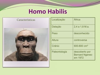 Características Localização África
Datação 2,4 a 1,8 M.a.
Peso desconhecido
Altura controversa
Crânio 600-800 cm³
Paleontologia descoberto por
Bernard Ngeneo
em 1972
Homo Habilis
 