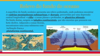 Relevo do fundo do oceano
A superfície do fundo oceânico apresenta um relevo acidentado, onde podemos encontrar
as cadeias montanhosas submarinas,as dorsais, percorridas por uma depressão
central longitudinal -o rifte- e zonas planas e profundas, as planícies abissais .
No limite destas, surgem os taludes continentais, que são encostas que possuem um
forte declive. Adjacente a zonas litorais,
encontramos uma zona submersa com
inclinação fraca,a
plataforma continental.

 