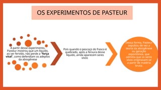 A partir desse experimento,
Pasteur mostrou que um líquido,
ao ser fervido, não perde a “força
vital”, como defendiam os adeptos
da abiogênese
Pois quando o pescoço do frasco é
quebrado, após a fervura desse
líquido, ainda aparecem seres
vivos
Dessa forma, Pasteur
sepultou de vez a
teoria da abiogênese
ou geração
espontânea, que
admitia que os seres
vivos originavam-se
a partir de matéria
bruta.
OS EXPERIMENTOS DE PASTEUR
 