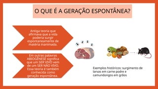 O QUE É A GERAÇÃO ESPONTÂNEA?
Antiga teoria que
afirmava que a vida
poderia surgir
espontaneamente de
matéria inanimada.
Em outras palavras
ABIOGÊNESE significa
que um SER VIVO vem
de um SER NÃO VIVO.
Essa teoria é também
conhecida como
geração espontânea.
Exemplos históricos: surgimento de
larvas em carne podre e
camundongos em grãos
 