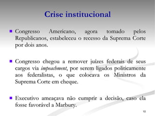 Crise institucional Congresso Americano, agora tomado pelos Republicanos, estabeleceu o recesso da Suprema Corte por dois anos. Congresso chegou a remover juízes federais de seus cargos via  impeachment , por serem ligados politicamente aos federalistas, o que colocava os Ministros da Suprema Corte em cheque. Executivo ameaçava não cumprir a decisão, caso ela fosse favorável a Marbury. 