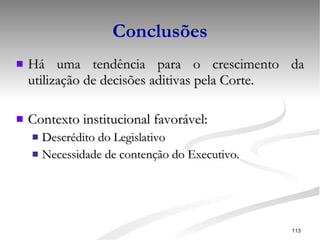 Conclusões Há uma tendência para o crescimento da utilização de decisões aditivas pela Corte. Contexto institucional favorável: Descrédito do Legislativo Necessidade de contenção do Executivo. 