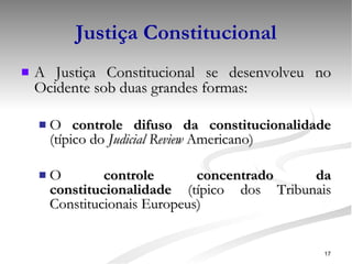 Justiça Constitucional A Justiça Constitucional se desenvolveu no Ocidente sob duas grandes formas: O  controle difuso da constitucionalidade  (típico do  Judicial Review  Americano) O  controle concentrado da constitucionalidade  (típico dos Tribunais Constitucionais Europeus) 