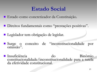 Estado Social Estado como concretizador da Constituição.  Direitos fundamentais como “prestações positivas”.  Legislador tem obrigação de legislar.  Surge o conceito de “inconstitucionalidade por omissão”.  Insuficiência do Binômio constitucionalidade/inconstitucionalidade para a tutela da efetividade constitucional. 