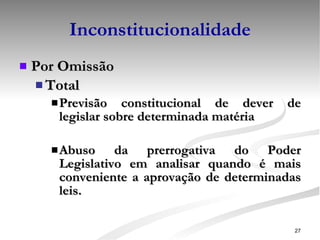 Inconstitucionalidade Por Omissão Total Previsão constitucional de dever de legislar sobre determinada matéria Abuso da prerrogativa do Poder Legislativo em analisar quando é mais conveniente a aprovação de determinadas leis. 