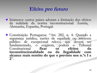Efeito  pro futuro Inúmeros outros países adotam a limitação dos efeitos da nulidade da norma inconstitucional: Áustria,  Alemanha, Espanha, Portugal. Constituição Portuguesa: “Art. 282, n. 4. Quando a segurança jurídica, razões de equidade ou interesse público de excepcional relevo, que deverá ser fundamentado, o exigirem, poderá o Tribunal Constitucional  fixar os efeitos da inconstitucionalidade ou da ilegalidade com alcance mais restrito do que o previsto nos n.ºs 1 e 2 ”.   