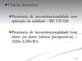 Outras decisões: Pronúncia de inconstitucionalidade sem aplicação de nulidade – RE 135.328. Pronúncia de inconstitucionalidade com efeito  pro futuro  (efeitos prospectivos) – ADIn 2.240/BA. 