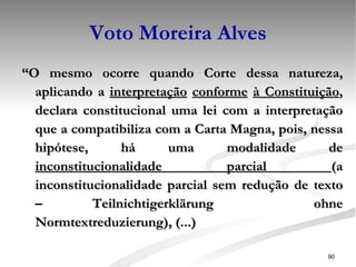 Voto Moreira Alves “ O mesmo ocorre quando Corte dessa natureza, aplicando a  interpretação   conforme   à Constituição , declara constitucional uma lei com a interpretação que a compatibiliza com a Carta Magna, pois, nessa hipótese, há uma modalidade de  inconstitucionalidade parcial  (a inconstitucionalidade parcial sem redução de texto – Teilnichtigerklärung  ohne Normtextreduzierung), (...) 
