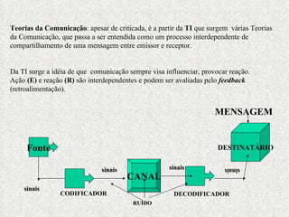 Teorias da Comunicação : apesar de criticada, é a partir da  TI  que surgem  várias Teorias da Comunicação, que passa a ser entendida como um processo interdependente de compartilhamento de uma mensagem entre emissor e receptor. Da TI surge a idéia de que  comunicação sempre visa influenciar, provocar reação.  Ação  (E)  e reação  (R)  são interdependentes e podem ser avaliadas pelo  feedback  (retroalimentação). Fonte CANAL DESTINATÁRIO CODIFICADOR DECODIFICADOR MENSAGEM RUÍDO sinais sinais sinais sinais 