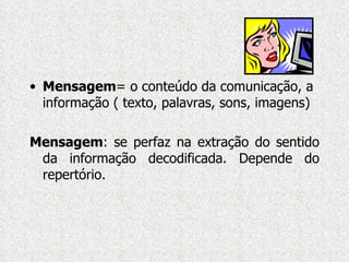 Mensagem = o conteúdo da comunicação, a informação ( texto, palavras, sons, imagens) Mensagem : se perfaz na extração do sentido da informação decodificada. Depende do repertório. 