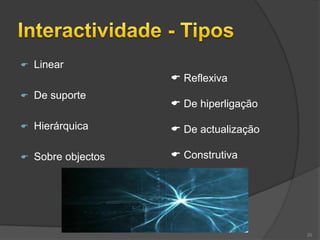    Linear
                      Reflexiva
   De suporte
                      De hiperligação

   Hierárquica       De actualização

   Sobre objectos    Construtiva




                                         20
 