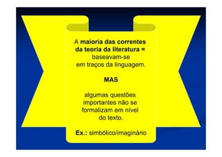 A maioria das correntes
da teoria da literatura =
baseavam-se
em traços da linguagem.
MAS
algumas questões
importantes não se
formalizam em nível
do texto.
Ex.: simbólico/imaginário
 