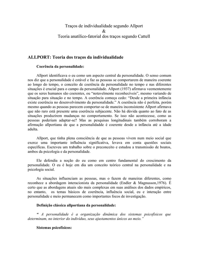 Teorias dos traços da personalidade de Allport e Cattell PDF Teorias dos traços da personalidade de Allport e Cattell PDF