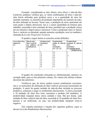 6
6Prof. Rogério Rocha – www.rogeriorocha.ecn.br – lithus13@yahoo.com.br
Exemplo: considerando-se dois fatores terra (fixo) e mão-de-obra
(variável), podemos verificar que, se várias combinações de terra e mão-de-
obra forem utilizadas para produzir arroz e se a quantidade de terra for
mantida constante, os aumentos da produção dependerão do aumento da mão-
de-obra utilizada na lavoura. Nesse caso, a produção de arroz aumentará até
certo ponto e depois decrescerá, isto é, a maior quantidade de homens para
trabalhar, associada à área constante de terra, permitirá que a produção cresça
até um máximo e depois passe a decrescer. Como a proporção entre os fatores
fixos e variáveis se alterando, quando aumenta a produção, essa Lei também é
chamada de Lei das Proporções Variáveis.
O quadro a seguir ilustra os conceitos acima definidos:
Terra (fator fixo)
(alqueires)
(1)
Mão-de-obra
(fator variável)
(em milhares de
trabalhadores)
(2)
(Produto total)
(toneladas)
(3)
Produtividade
média da mão-de-
obra
(toneladas)
(4) = (3) : (2)
Produtividade
marginal da mão-de-
obra
(toneladas)
(5)=variação em (3)
variação em (2)
10
10
10
10
10
10
10
10
10
1
2
3
4
5
6
7
8
9
6
14
24
32
38
42
44
44
42
6.0
7.0
8.0
8.0
7.6
7.0
6.2
5.4
4.6
6
8
10
8
6
4
2
0
-2
O quadro foi construído colocando-se, arbitrariamente, números no
exemplo dado, para as três primeiras colunas. Os valores das últimas colunas
decorrem das anteriores.
Verifica-se que, de início, podem ocorrer rendimentos crescentes,
isto é, os acréscimos de utilização do fator variável, provocam incrementos na
produção. A partir da quarta unidade de mão-de-obra incluída no processo
produtivo, começam a surgir os rendimentos decrescentes. A oitava associada
a 10 unidades do fator fixo terra, maximiza o produto (44 unidades). A
produtividade marginal dessa oitava unidade é nula. Daí por diante, cada
unidade do fator variável mão-de-obra, associada às 10 unidades do fator fixo,
passará a ser ineficiente, ou seja, sua produtividade marginal torna-se
negativa.
Tais relações permitem o traçado dos seguintes gráficos, cujos se
devem à Lei dos Rendimentos Decrescentes:
 