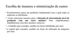 Escolha de insumos e minimização de custos
• Examinaremos agora um problema fundamental com o qual todas as
empresas se defrontam;
• Como selecionar insumos para a obtenção de determinado nível de
produção com um custo mínimo? Para simplificarmos,
trabalharemos com dois insumos variáveis:
• o trabalho (por exemplo, medido em horas trabalhadas por ano)
• o capital (por exemplo, medido em horas de utilização de máquinas
por ano)
 