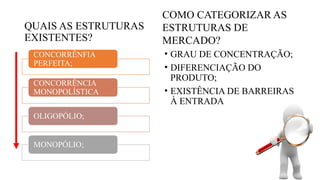QUAIS AS ESTRUTURAS
EXISTENTES?
CONCORRÊNFIA
PERFEITA;
CONCORRÊNCIA
MONOPOLÍSTICA
OLIGOPÓLIO;
MONOPÓLIO;
• GRAU DE CONCENTRAÇÃO;
• DIFERENCIAÇÃO DO
PRODUTO;
• EXISTÊNCIA DE BARREIRAS
À ENTRADA
COMO CATEGORIZAR AS
ESTRUTURAS DE
MERCADO?
 