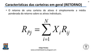 Felipe Pontes
www.contabilidademq.blogspot.com
Características das carteiras em geral (RETORNO)
• O retorno de uma carteira de ativos é simplesmente a média
ponderada do retorno sobre os ativos individuais.
19
ij
N
i
iPj RXR 

1
 