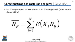 Felipe Pontes
www.contabilidademq.blogspot.com
Características das carteiras em geral (RETORNO)
• O valor esperado da soma é a soma dos valores esperados (propriedade
do somatório)
21
 

N
i
ijiP RXER
1
 