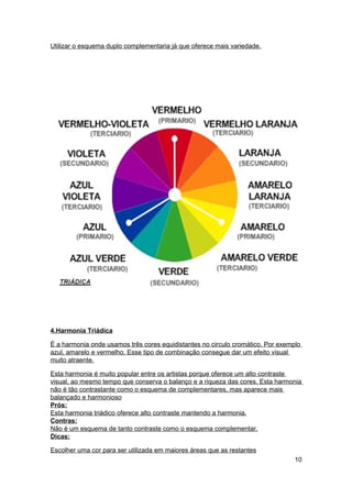 Utilizar o esquema duplo complementaria já que oferece mais variedade.




4.Harmonia Triádica

É a harmonia onde usamos três cores equidistantes no circulo cromático. Por exemplo
azul, amarelo e vermelho. Esse tipo de combinação consegue dar um efeito visual
muito atraente.

Esta harmonia é muito popular entre os artistas porque oferece um alto contraste
visual, ao mesmo tempo que conserva o balanço e a riqueza das cores. Esta harmonia
não é tão contrastante como o esquema de complementares, mas aparece mais
balançado e harmonioso
Prós:
Esta harmonia triádico oferece alto contraste mantendo a harmonia.
Contras:
Não é um esquema de tanto contraste como o esquema complementar.
Dicas:

Escolher uma cor para ser utilizada em maiores áreas que as restantes
                                                                                 10
 